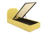 A yellow upholstered bed frame with its storage compartment open, revealing the slatted mattress base. Produktbild-Vorschau