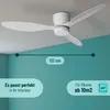 A white ceiling fan is shown mounted on a white ceiling above a teal wall. Text overlays indicate dimensions and room suitability. Produktbild-Vorschau