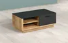 A modern coffee table with a black top and a wood-effect body, featuring open shelving and a drawer. Voir les images du produit
