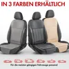 Three car seat covers are displayed side-by-side, showcasing different color options. Below the seat covers, there are line drawings of various vehicles. Produktbild-Vorschau