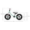 A balance bike with dimensions indicated by lines and text. Produktbild-Vorschau