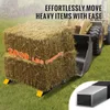 A front-end loader is lifting two large bales of hay. The image has overlay text and graphics. Voir les images du produit