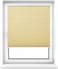 A beige pleated blind is shown in a white window frame. Produktbild-Vorschau