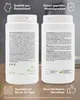 Two white product containers are shown on a wooden surface, with text overlays and icons. Produktbild-Vorschau
