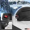 A ski rack on a car roof with a snowy mountain background, with close-up insets of the locking mechanism. Produktbild-Vorschau