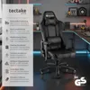 A black gaming chair is shown in a room with shelves and a desk in the background. The image also includes a vertical panel on the left detailing the chair's features. Produktbild-Vorschau