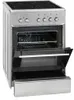 A stainless steel electric freestanding cooker with the oven door open, showing the interior and a warming drawer. Produktbild-Vorschau