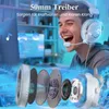A young man wearing a white gaming headset, smiling and looking at a computer screen. The image also shows an exploded view of the headset's components. Produktbild-Vorschau