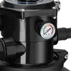 A close-up view of a black sand filter pump for a swimming pool, showing a pressure gauge. Produktbild-Vorschau