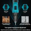 Close-up of a cordless drill with diagrams and text explaining its two-speed mechanical adjustment feature. Produktbild-Vorschau