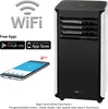 A mobile air conditioner with a smartphone displaying its app interface. Voir les images du produit