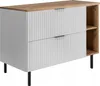 A white and brown cabinet with two drawers and an open shelf on the right side, standing on black legs. Produktbild-Vorschau