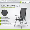 A marketing image for a Juskys garden chair, highlighting its features. Produktbild-Vorschau