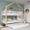 A children's bunk bed with a trundle bed, set up in a bedroom with decorative elements. Produktbild-Vorschau