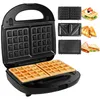 A collage showing a black sandwich maker with interchangeable plates for waffles, sandwiches, and panini, along with examples of the food items made. Produktbild-Vorschau