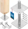 A set of adjustable galvanized post bases and screws, with a wooden post shown on one of the bases. Produktbild-Vorschau