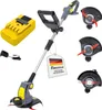 A cordless grass trimmer with accessories, including a battery and charger, displayed against a white background. Several cutting heads are shown separately. Produktbild-Vorschau