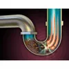 Illustration of a clogged pipe being cleared by a cleaning agent. Produktbild-Vorschau