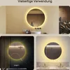 A collage of three different bathroom mirror setups, each featuring a round mirror with LED lighting. Produktbild-Vorschau