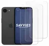 A dark gray smartphone is shown next to three clear screen protectors. The screen protectors are layered on top of each other, with the front one displaying the brand name 'SAVVIES' and 'SMART PROTECTION'. Produktbild-Vorschau