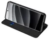 A black flip case for a smartphone is shown open, with the phone inside. Produktbild-Vorschau