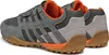 A pair of grey Geox sneakers with orange accents and a brown sole, shown from a rear-side angle. Produktbild-Vorschau