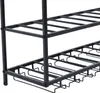 A close-up view of a black metal wine rack with multiple shelves and glass holders. Náhled obrázku produktu