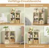 A collage of four images showing a light oak cube shelf unit in different room settings: living room, bedroom, home office, and lounge. Produktbild-Vorschau