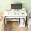 A white computer desk with a monitor, books, and a computer tower, set against a light green wall. Produktbild-Vorschau