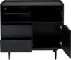 A black sideboard with two drawers and a cabinet with an open door. Produktbild-Vorschau