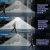A multi-panel image demonstrating the functionality of a solar-powered outdoor light with a motion sensor. Voir les images du produit