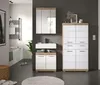 A modern bathroom with a vanity, storage cabinet, and a towel rack. Produktbild-Vorschau