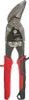 A close-up studio shot of a pair of metal snips with red and black handles. Voir les images du produit