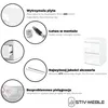 A collage of images showcasing the features of a white furniture item, possibly a nightstand or dresser. It includes close-ups of the material, assembly parts, drawer slides, and cleaning instructions, along with a picture of the assembled product. Podgląd zdjęcia produktu