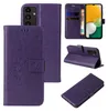 A collage of images showing a purple floral butterfly flip phone case for a Samsung Galaxy A13. Produktbild-Vorschau