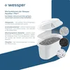 An exploded view of a water filter cartridge, showing its internal components and explaining their functions. Produktbild-Vorschau