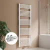 A white towel radiator is mounted on a tan wall next to a potted plant. A shower enclosure is visible in the background. Produktbild-Vorschau