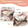 A collage of two images showing a pink upholstered bed with storage underneath, demonstrating two different installation methods. Produktbild-Vorschau