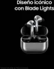 A pair of silver wireless earbuds and their charging case are displayed against a black background. Produktbild-Vorschau