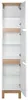 An empty, tall white cabinet with wooden accents and glass shelves, shown with its doors open. Podgląd zdjęcia produktu