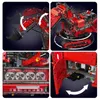 A collage of four images showcasing different features of a red remote-controlled excavator toy. Produktbild-Vorschau