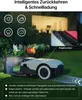 A robotic lawnmower is shown in a garden setting, with icons and text highlighting its features. Produktbild-Vorschau