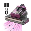 A close-up product shot of a handheld vacuum cleaner with accessories, against a white background. The vacuum is shown with pink suction lines indicating its function, and small illustrated dust mites being drawn in. Produktbild-Vorschau