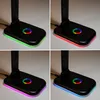 A collage of four images showing a black desk lamp with RGB lighting effects. Podgląd zdjęcia produktu