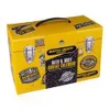 A yellow toolbox-shaped advent calendar with various stickers and text. Produktbild-Vorschau