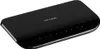 A black TP-Link 8-port Gigabit desktop switch is shown from a slightly elevated diagonal angle against a white background. The top surface of the switch has the TP-Link logo and the front edge has indicator lights numbered 1 through 8. Produktbild-Vorschau