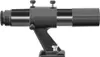 A black telescope mounted on a black stand against a white background. Produktbild-Vorschau