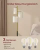 A floor lamp with three fabric shades is shown, with text and lightbulbs at the bottom. Produktbild-Vorschau