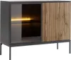 A product shot of a modern sideboard with a glass door and slatted wood door, on a white background. Anteprima dell’immagine prodotto