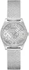 A close-up studio shot of a silver Guess watch with a mesh band and a crystal-embellished face. Náhled obrázku produktu